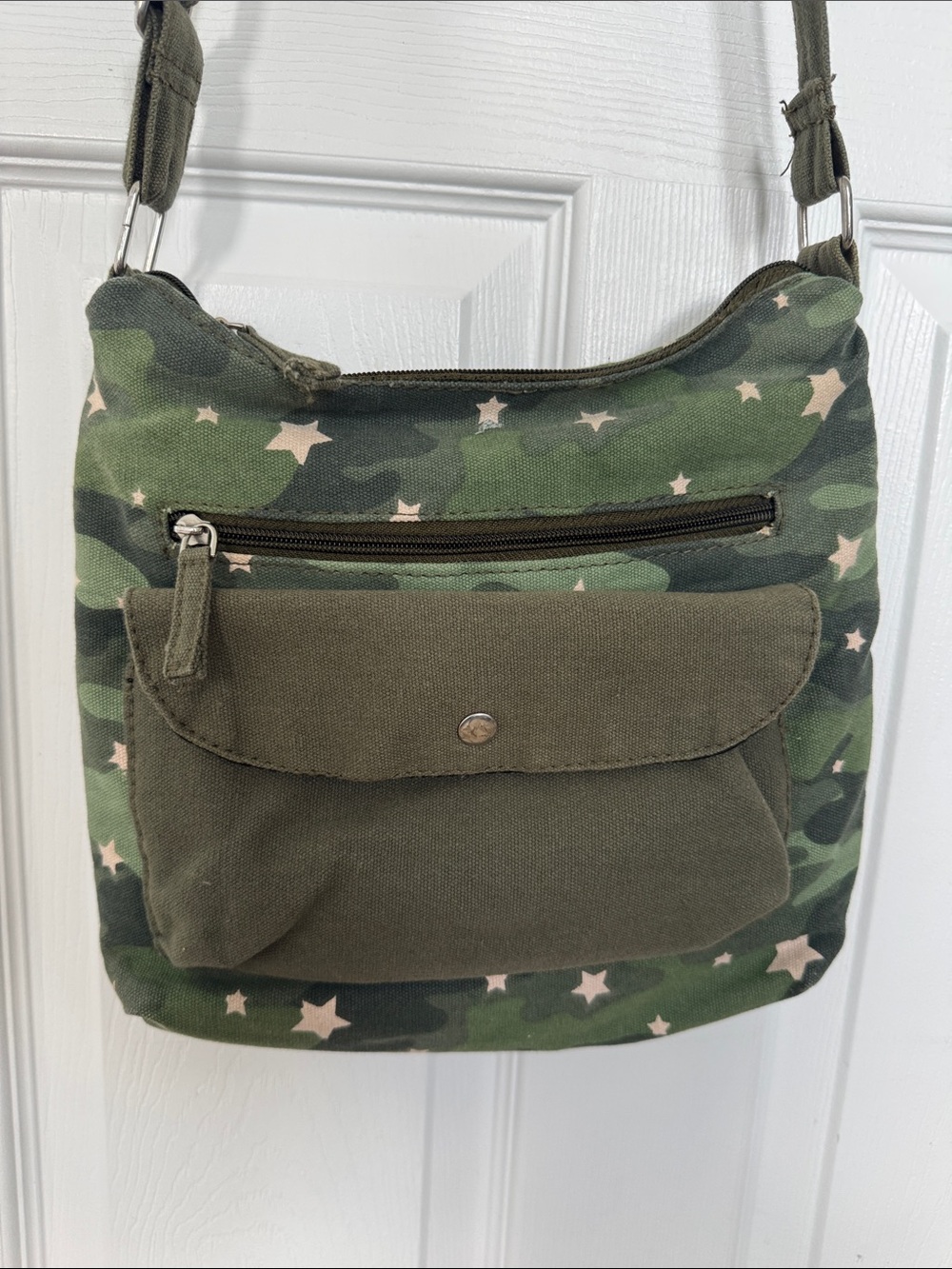 Star-Print Olive Green Canvas Crossbody Bag